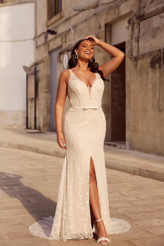 Milan Ml13567 Full Length Beaded Lace Plunging Neck With Detachable Jacket Wedding Dress Madi Lane Bridal2