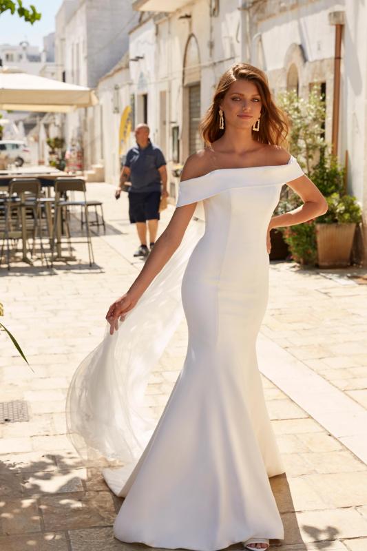 Miles Ml12885 Crepe Gown With Off The Shoulder Straps Zip Up Back With Detachable Cape Wedding Dress Madi Lane Bridal5