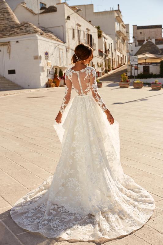 Monahan Ml12669 With Detachable Manning Skirt Ml12772 Illusion Neck With Floral Lace Crepe Skirt Button Up Back Wedding Dress Madi Lane Bridal2