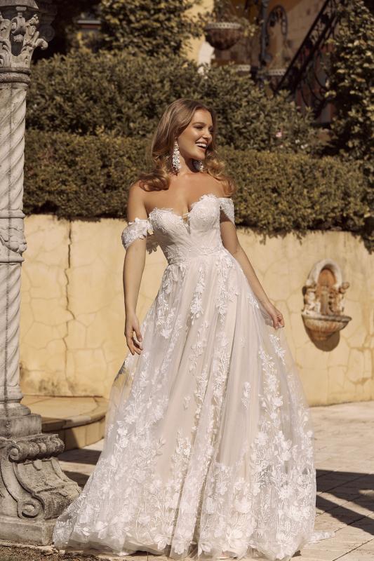 Brielle Ml19255 Full Length A Line Silhouette Plunging Neckline Embroidered Floral Lace With Detachable Shoulder Straps And Tulle Cross Over Straps Finish Wedding Dress Madi Lane Bridal4