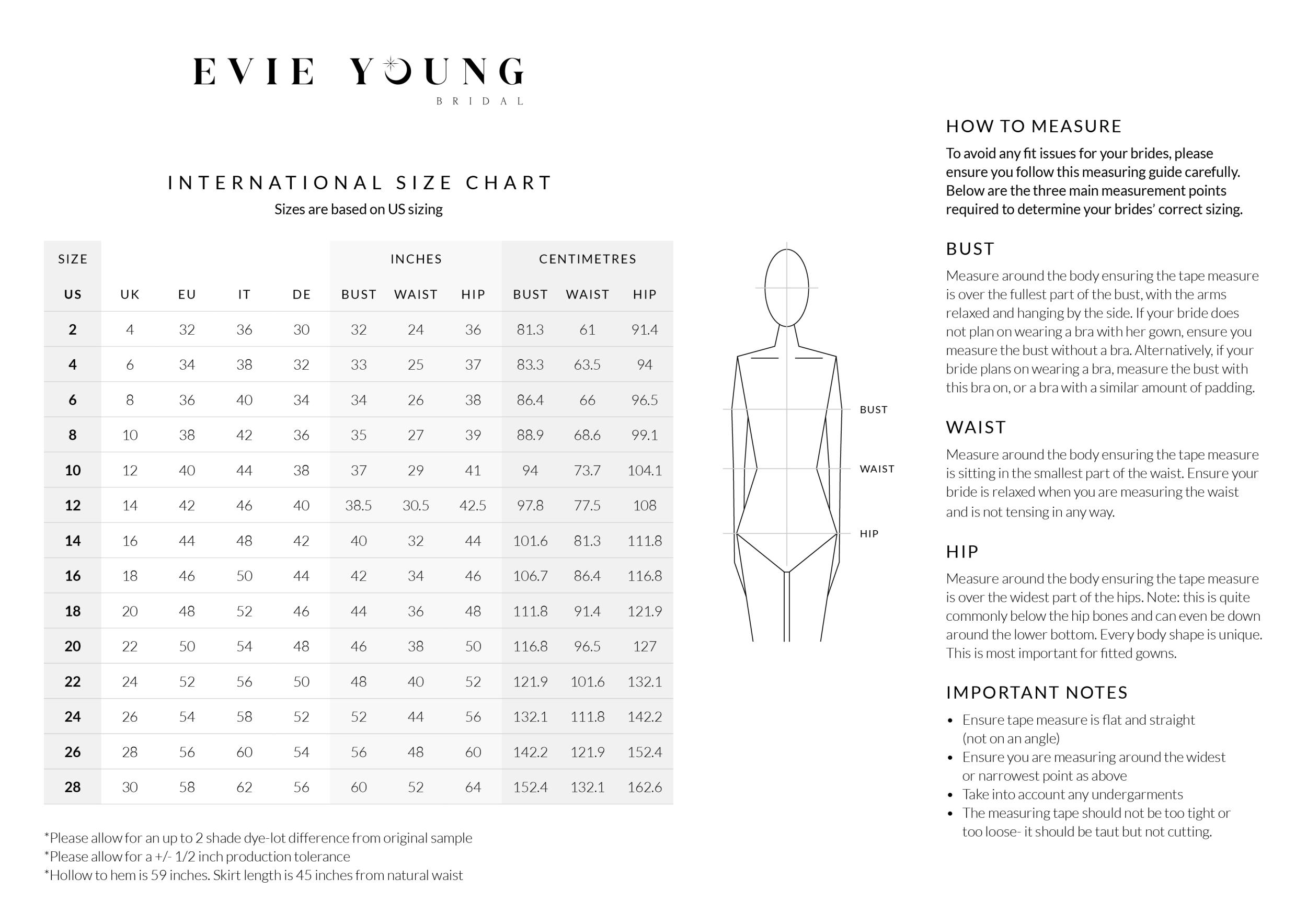 Evie Young Bridal Size Guide