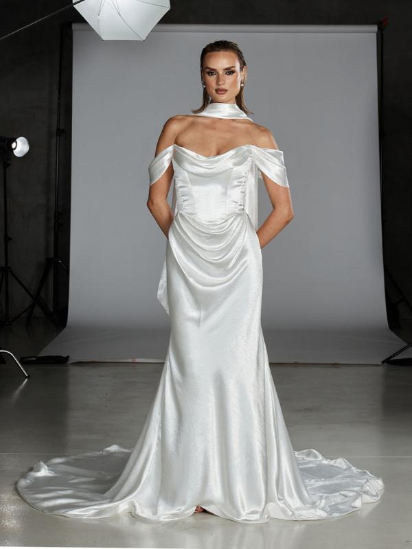 Loren minimalist draped stain off-shoulder strapless wedding dress with scarf