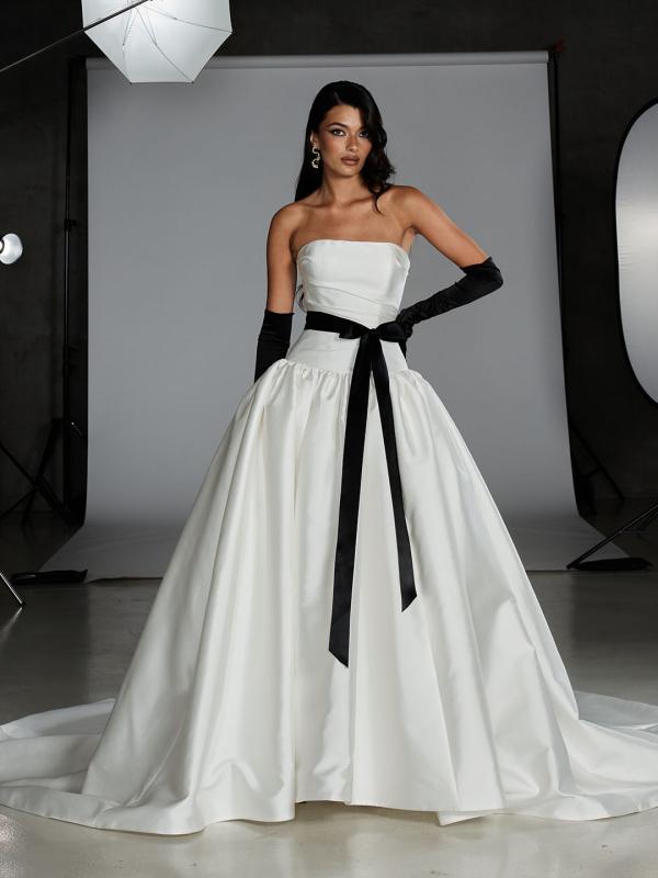 Ohara modern satin strapless ballgown wedding dress with waist bow