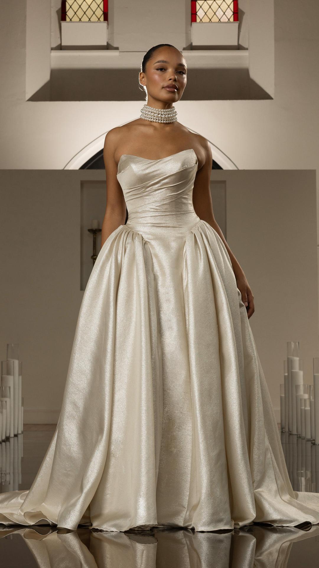 Adele MT modern A-line ballgown gold metallic satin strapless wedding dress with detachable straps Evie Young Bridal