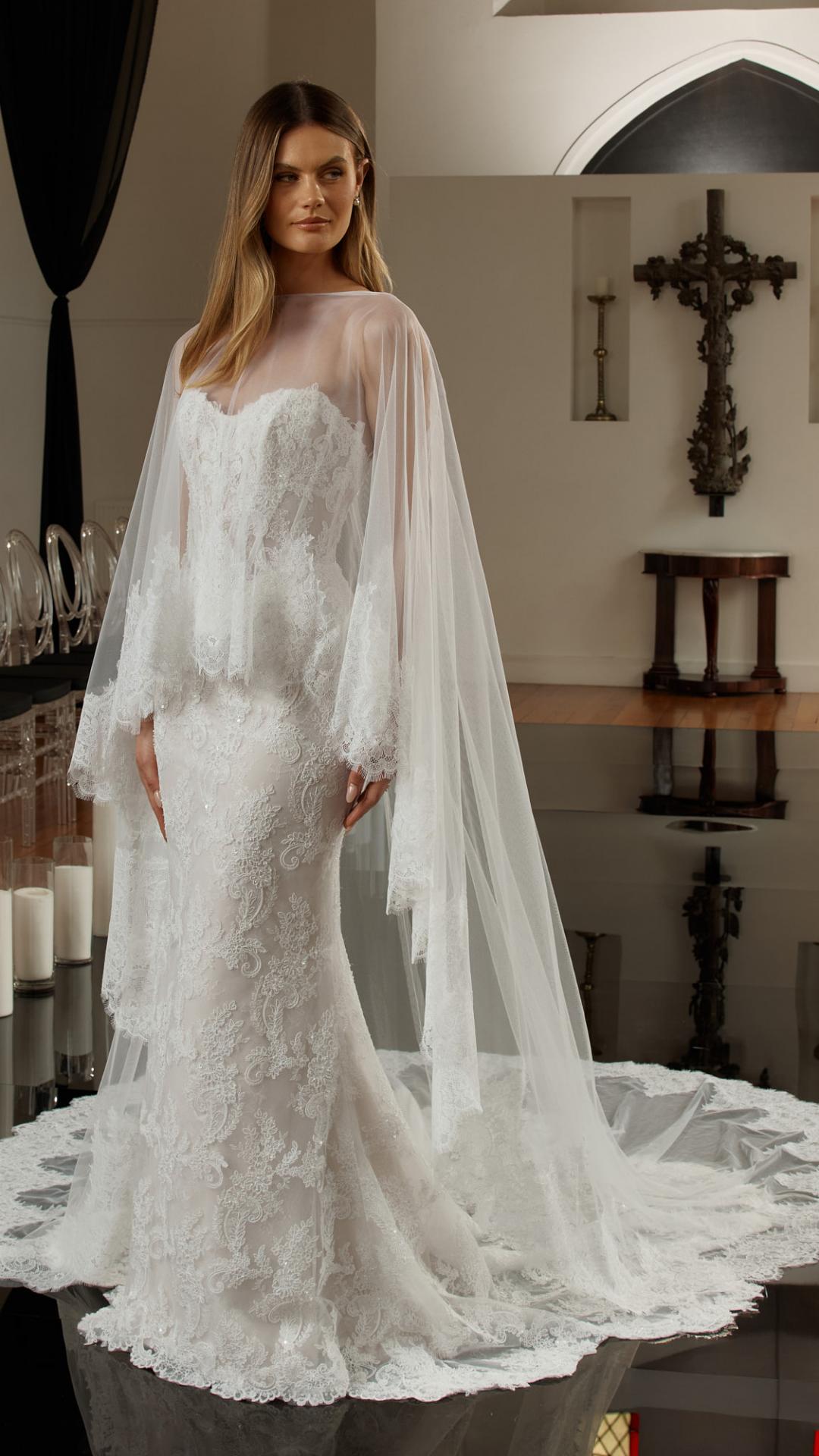 Janet Cape lace and tulle bridal accessory to match our Janet wedding dress Evie Young Bridal