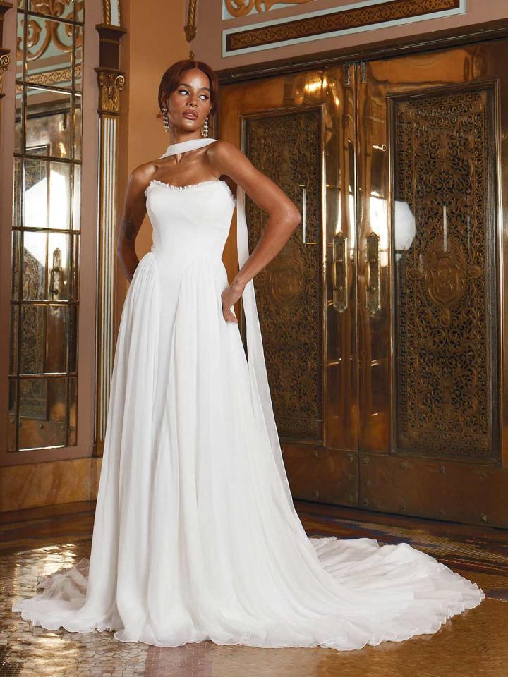 Kimora strapless soft effortless ivory a-line wedding gown with neck scarf